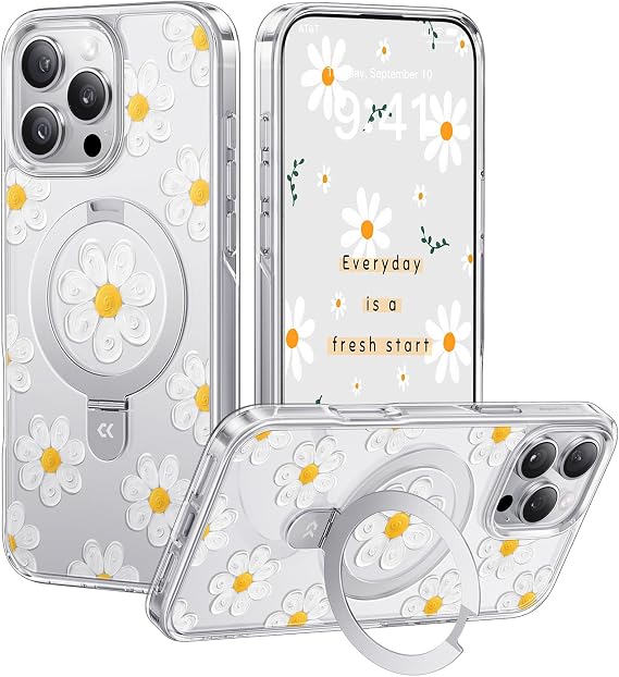 CASEKOO Floral Series Oil Painting Daisy for iPhone 16 Pro Max Case with Magnetic Ring Stand [Compatible with MagSafe] [Military-Grade Protection] Fashion Clear Back, Soft Edge, for Women