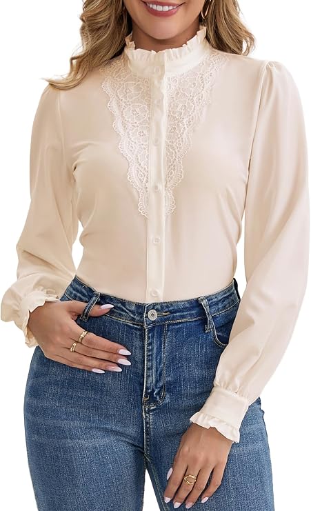 Women's Lace Crochet Mock Neck Long Sleeve Button Down Elegant Blouse Shirt Fall Top