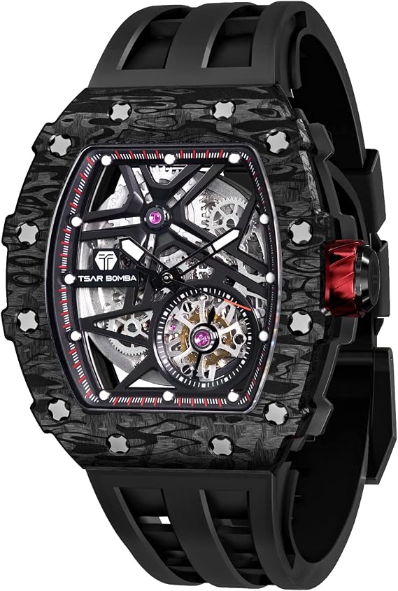 TSAR BOMBA Automatic Men's Watch Mechanical Skeleton Watches for Men 50M Waterproof Luxury Tonneau Design Analogue Wristwatch Square Stylish Sports Silver Stainless Steel Silicone Strap Gift for Men