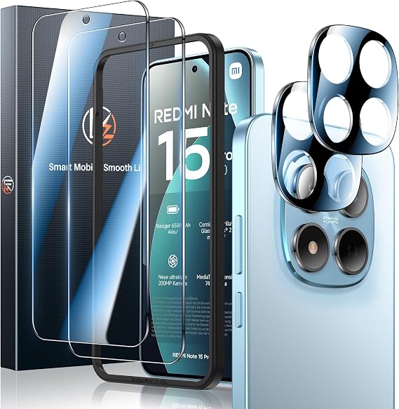 LK Screen Protector for Xiaomi Redmi Note 15 Pro 5G Pack of 2 Tempered Glass Protection and 2 Pieces Glass Camera Protection Bubble-Free Soft Film HD Clear Screen Film Fingerprint Unlock for Note 15 Pro 5G