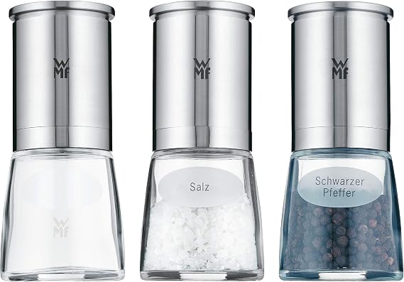 WMF De Luxe Salt and Pepper Mill Set of 3 Filled Cromargan Matte Stainless Steel Glass Continuous Adjustment of Grinding Strength Ceramic Grinder Grinder for Salt Pepper Spices