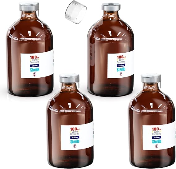 Biomed Solutions Sterile Empty Vial with Reusable Plastic Cap,Ready to Fill Glass Containers, Liquid Injection Bottle Sealed with Self Healing Injection Port (100ml Amber 4pcs)