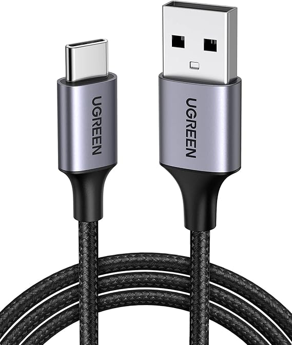 UGREEN 3.0 A USB-A & USB-C Braided Charging and Data Cable, 2 Meters, Black, 60128