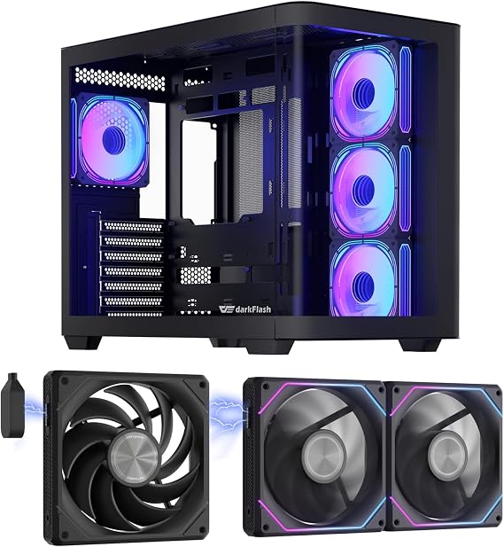 darkFlash DPW90 ATX Full View Curved Glass BTF PC Case+4 Pcs Infinity Mirror ARGB Fans & G16 3 Pack 120MM Magnetic ARGB PWM PC Case Fans(Black)