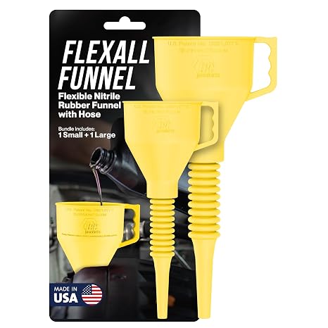 FlexAll Funnel Bundle - Long Flexible Funnels with Hose for Automotive Use - Nitrile Rubber Funnels with Handle for Oil Change and Transmission Fluid - Gas, Diesel, Oil - Yellow (Small + Large)