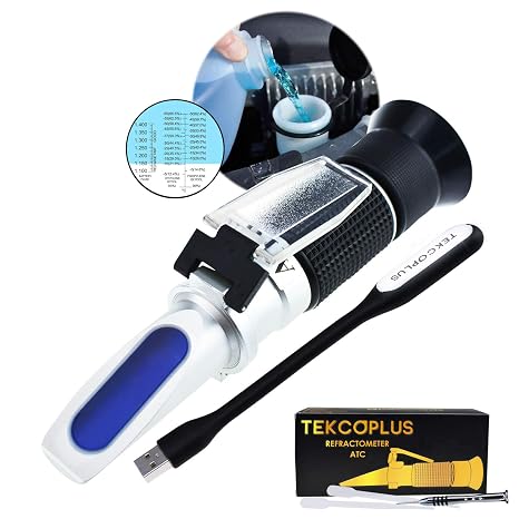 Antifreeze Refractometer Coolant Tester for Ethylene & Propylene Glycol, 4-in-1 Automotive Battery Fluid Specific Gravity & Windshield Washer Fluid Tester with ATC,60C to 0C Range