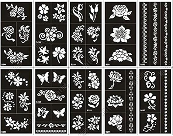 Xmasir Pack of 10 Airbrush Henna Tattoo Stencil for Women Hand Finger Face Body Painting Kids Glitter Tattoo Templates 18 X 8.5cm (1)