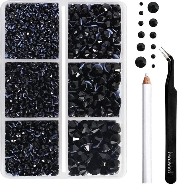 Beadsland Hotfix Rhinestone Set Black 6 Sizes Mixed 4000 Pieces Black rhinestones for textiles SS6-SS30 glass material for clothing crafts with wax pen and tweezers