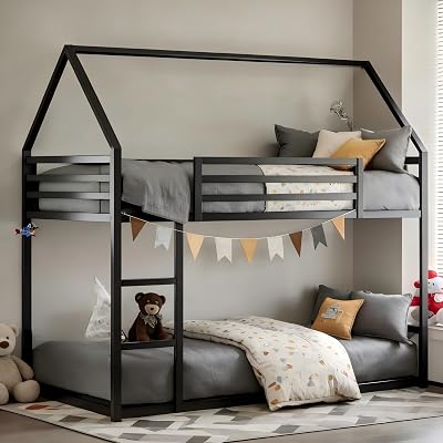 Twin Over Twin Metal Floor Bunk Bed with Safety Guardrails and Roof Design for Kids,Girls, Boys,House Shaped Bunk Bed Frame,No Box Spring Required,Black