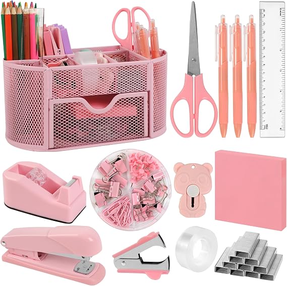 Pink Office Supplies for Desk,14pcs Desk Sets and Accessories, Office Supply Kit with Mesh Desktop Organizer and Stapler,Staple Remover, Staples,Tape Dispenser,Sticky Tabs,Scissors, Ruler