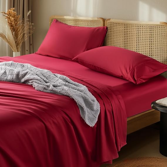LBRO2M 1000 Thread Count 100% Egyptian Cotton Sheets Set Twin, 3 Piece Sets Bed Sheet Deep Pocket Sheet Set 16" Soft Comfortable All Season (Twin, Burgundy)