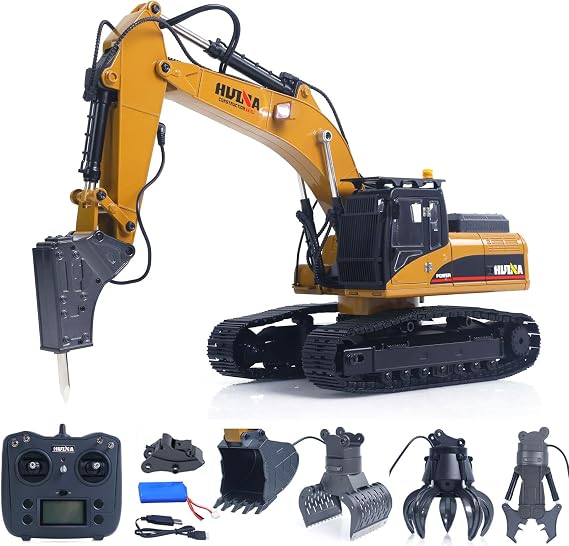 US in Stock, HUINA Upgrade 580 1/14 Metal Excavator Model Engineering Vehicle Electric Ball Grabber 360 Rotating Shear Claw Sound Lights Openable Cab Door Hobby Grade Model for Ages 14+