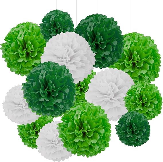 Dark Green Tissue Hanging Paper Pom Poms,Light Green and White Pom Poms Flower Ball Wedding Birthday Party Decoration (6Pcs 12in Pom Pom,6Pcs 10in Pom Pom)
