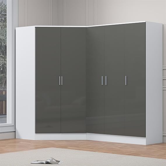 Reflect 2 Piece Wardrobe Bundle | 2 Door Corner + 3 Door Plain | Grey Gloss & Matt White Finish | H: 180cm x W: 215cm x D: 103cm | Modern Bedroom Furniture Storage Solution