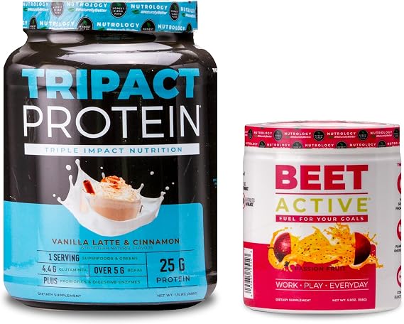 Nutrology TRIPACT Protein Powder, 7-in-1 Meal Replacement Shake, Vanilla Latte Cinnamon Flavor (20 Servings) Beet Active, Natural Pre-Workout Powder, Passion Fruit Flavor (30 Servings)