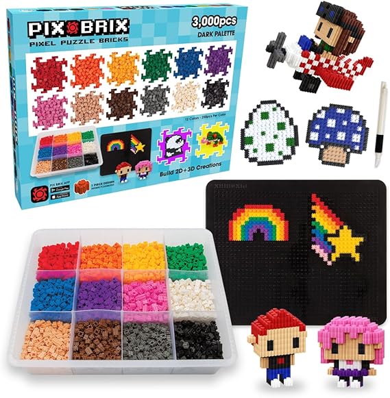 Pix Brix Pixel Puzzle Building Bricks, 3,000 Piece Container, Dark Palette