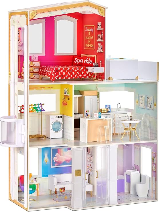 Rainbow High House 3-Story Wood Doll House (4-Ft Tall & 3-Ft Wide), Fully Furnished Fashion Dollhouse, Working Hot Tub, Shower, Elevator, 50+ Accessories, Gift Toy for Kids Ages 6 7 8+ to 12 Years