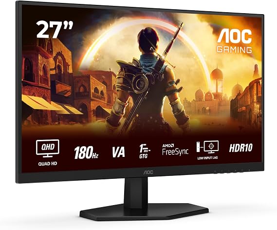 AOC Q27G42XNE 27 inch WQHD Gaming Monitor 180Hz, Fast VA Panel, 1ms GtG, HDR10, FreeSync, Speakers, (2560x1440 HDMI 2x 2.0) Black