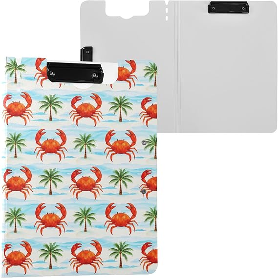 Clipboard Folder Crab Coconut Tree A4 Foldable Clipboard with Metal Clip, 360 Degree Foldable Binder Clipboards with Pen Holder, Nursing Clipboards