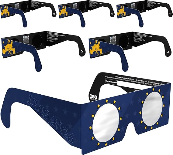 Solar Eclipse Glasses ISO 12312-2 & CE Certified – Safe Solar Viewing for Direct Sun & August 2026 Eclipse | Paper Cardboard Frame, Made in EU | For Kids & Adults