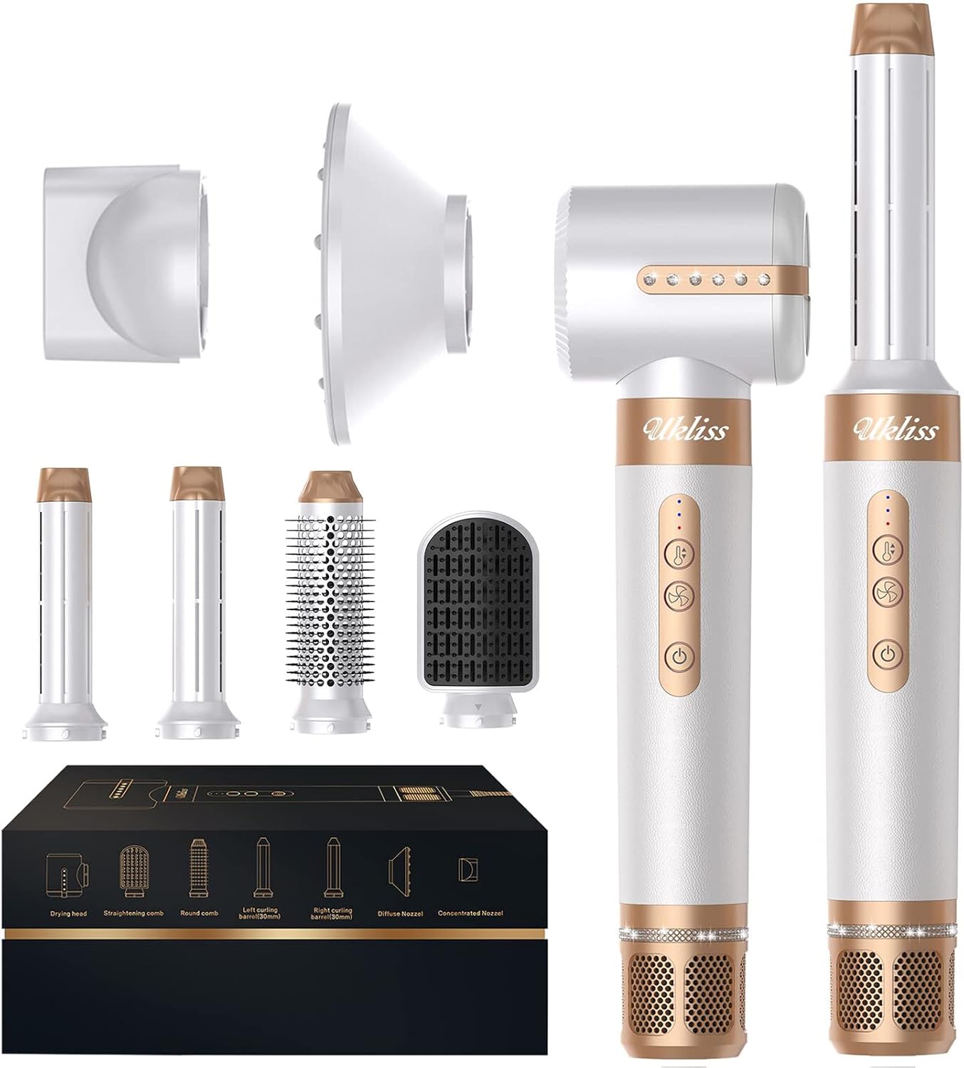 air styler 7-in-1 110000 rpm high-speed motor hair dryer warm air brush set with 7 attachments drying straightening curling volumizing massaging the scalp ion care white
