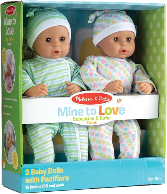 Melissa & Doug Mine to Love Twins Sebastian & Sofia 15 Medium Skin-Tone Boy and Girl Baby Dolls with Rompers, Caps, Pacifiers
