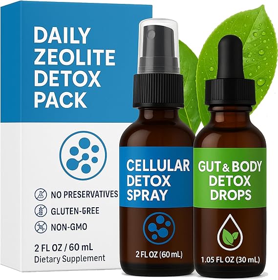 Zeolite Detox Pack for Adults, Advanced Clinoptilolite Zeolite Liquid Drops and Spray for Metal, Supports Gentle Cellular & Body Detox, Energy and Focus, Gut Cleansing, Immune System, 60 ML + 30ML