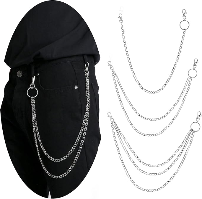 PHOGARY 3 Pieces Jeans Chains Wallet Chain Pants Chain, Silver Pocket Chain Hip Hop Rock Chains Punk Gothic Metal Belt Chain Biker Trouser Chain Accessory Jewelry Gift for Men Women