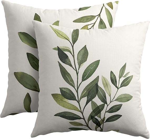 Kawani Sage Green Leaf Pillow Covers 18x18 Inch Set of 2 Spring Leaves Plants Botanical Decorative Pillowcase Cotton Linen Square Cushion Case for Couch Sofa Bedroom Home Decoration