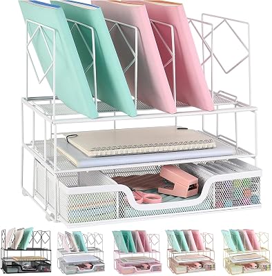 gianotter Desk Organizers and Accessories, Office Supplies Organizer with Sliding Drawer, Double Tray 5 Upright Section File Sorter White