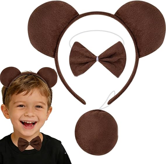 Kirei Sui Funny Bear Costume Set with Ears Headband Bow Tie Tail Halloween Dress Up for Kids & Adults