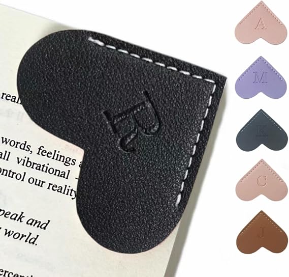 Personalized Leather Book Marks, Heart Bookmark, Unique Cute Handmade Letter Bookmarks Accessories for Reading Women, Teacher, Student, Book Lovers Book Mark Gifts (Black, R)