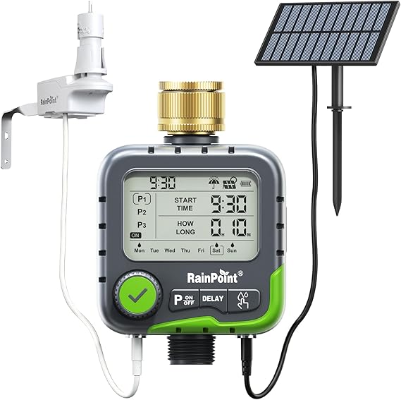RAINPOINT ITV156 Water Timer Kit with Rain Sensor & Solar Panel, 3 Independent Plans, Automatic Rain Shutoff, Continuous Solar Power for Garden & Lawn Irrigation, IP65 Waterproof