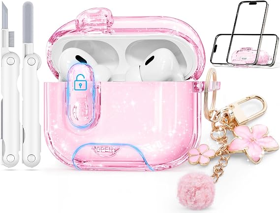 for AirPods Pro 2nd 1st Case with Safety Lock,Glitter Pink