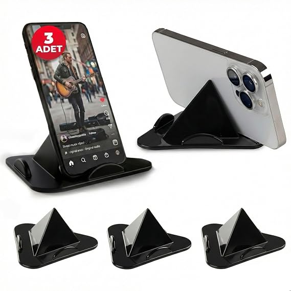 3 Adet Siyah Telefon Standı, Masaüstü Telefon Tutucu, Tablet Standı, Cep Telefonu Tutucu, 3 Açılı Piramit Tasarım, 4–11 İnç Uyumlu