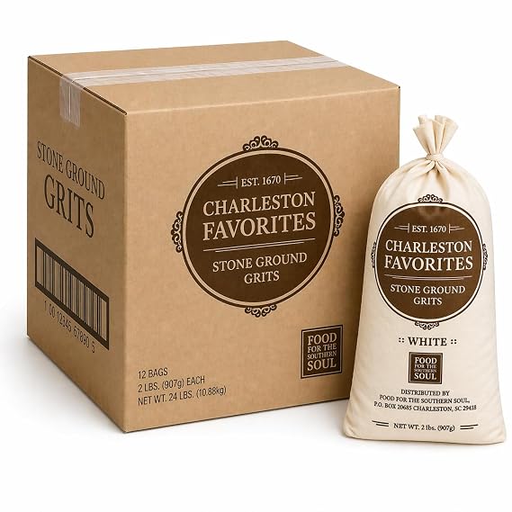 Charleston Favorites White Stone Ground Grits Case (12-Pack), 2 lb Cloth Bags Bulk Southern Grits, Non-Instant, Small Batch Milled, Authentic Stone Ground Corn Grits