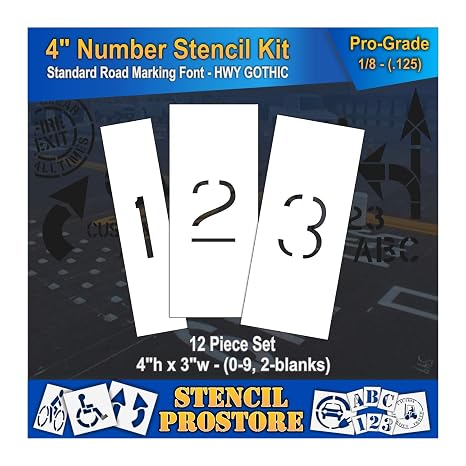 Curb and Median Stencils - 4 inch Number KIT Stencil Set - (12 Piece) - 4" x 3" x 1/8" (128 mil) - Pro-Grade