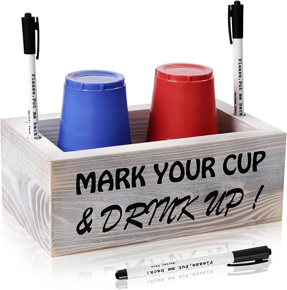 Vintage Double Solo Cup Holder with Marker Slot Includes 3 Markers Wood Party Cup Organizer Mark Your Cup and Up! Farmhouse Rustic Wedding Decor Housewarming Party Decor Hostess Bridal Couples Gift