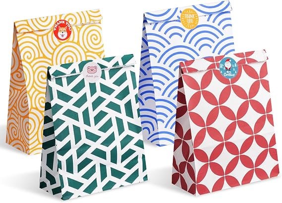 Parmedu Assorted Color Paper Gift Bags: 48 Medium Gift Bag - 24 * 17 * 8CM with 48 Stickers, Food Grade Take-out Bags for Christmas, Festivals, Birthdays, Parties, Weddings, Baby Showers