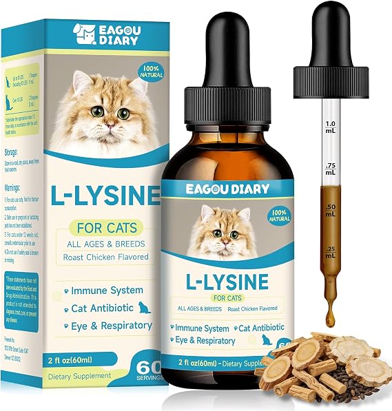 Lysine for Cats, Sneezing, Cold, Runny Nose, Watery Eyes Cat Lysine 60ml | Feline Respiratory, Colostrum, Taurine, Vitamins, L Lysine Cat Immune Support Supplement, Cold Cats Sneezing, Natural