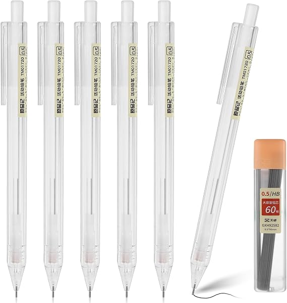 TIESOME 6PCS Transparent Mechanical Pencil Set, Mechanical Pencils 0.5 with 1 Tube HB Refill Aesthetic Artist Pencil Set Retractable Pencil for Student Writing Drafting, Drawing, Sketching