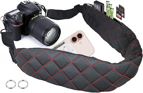Ultra Comfortable Camera Strap with Pockets and Thick Padded for Photographers, Adjustable Universal Cam Neck Belt