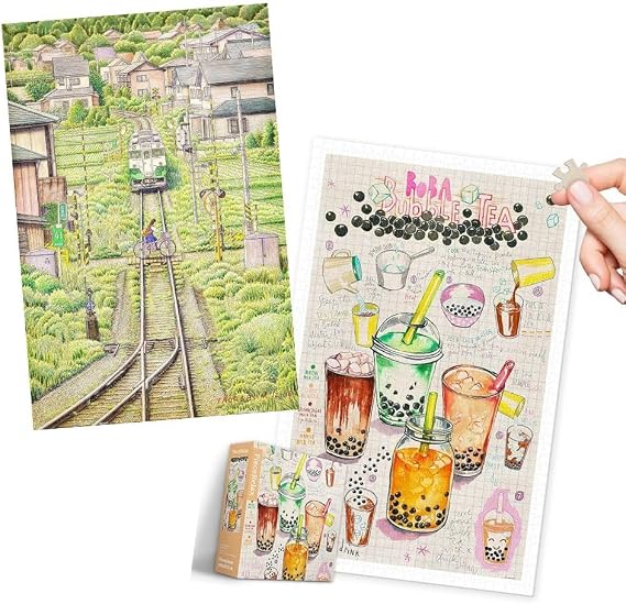PieceRelax and Pintoo - Two Plastic Jigsaw Puzzles Bundle 1000 Pieces Lucile Prache - Bubble Tea and 600 Piece - Tadashi Matsumoto - Fading Shadow [H3339+H2342]