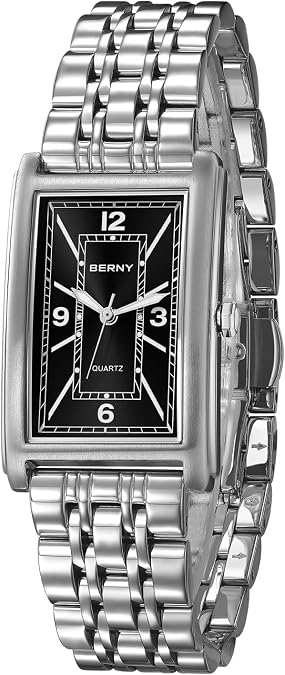 BERNY Rectangular Silver Watch for Men, Fashion Quartz Wristwatch