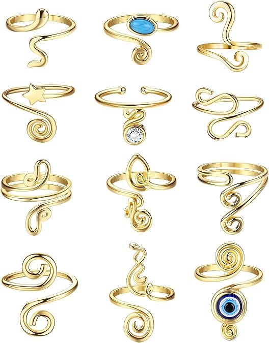FIBO STEEL 12Pcs Adjustable Toe Rings for Women Open African Toe Rings Summer Beach Foot Jewelry