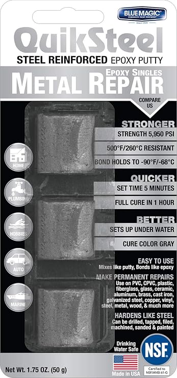 Blue Magic 16001 QuikSteel Steel Reinforced Epoxy Putty, Single Use - 1 oz.