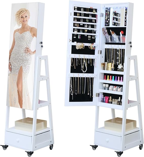 Mirror Jewelry Cabinet 62 Inch Full Length Mirror with Standing Jewelry Armoire Organizer, Lockable Jewelry Storage Cabinet With Drawer Wheels White
