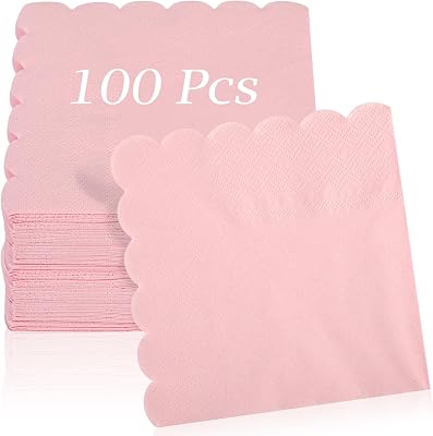100 Pcs Cocktail Napkins, 2-Ply 5 x 5 Inches Disposable Scalloped Napkins, Thick Premium Dessert Napkins for Party, Wedding, Dinner, Birthday, Anniversary, Festival Pink