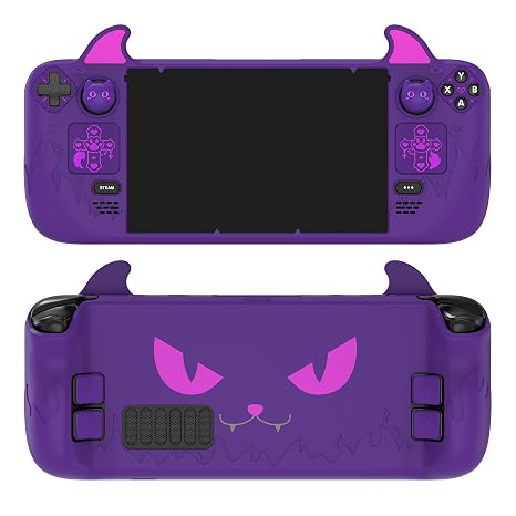 PlayVital Cute Demon Protective Case for Steam Deck LCD & OLED, Kawaii Anti-Slip Protector for Steam Deck OLED with Thumb Grip Caps & Trackpads Stickers & Back Button Enhancement Set - Purple
