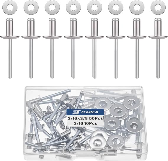 60pcs 3/16" x 3/8" Stainless Steel Pop Rivets with Stainless Steel Washers 4.8 x 10mm Blind Rivet Assortment Kit